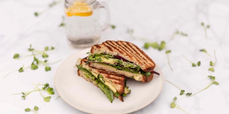 grilled vegetarian sandwich on white plate and marble table with glass of water and lemon slice