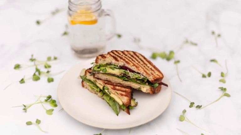 grilled vegetarian sandwich on white plate and marble table with glass of water and lemon slice