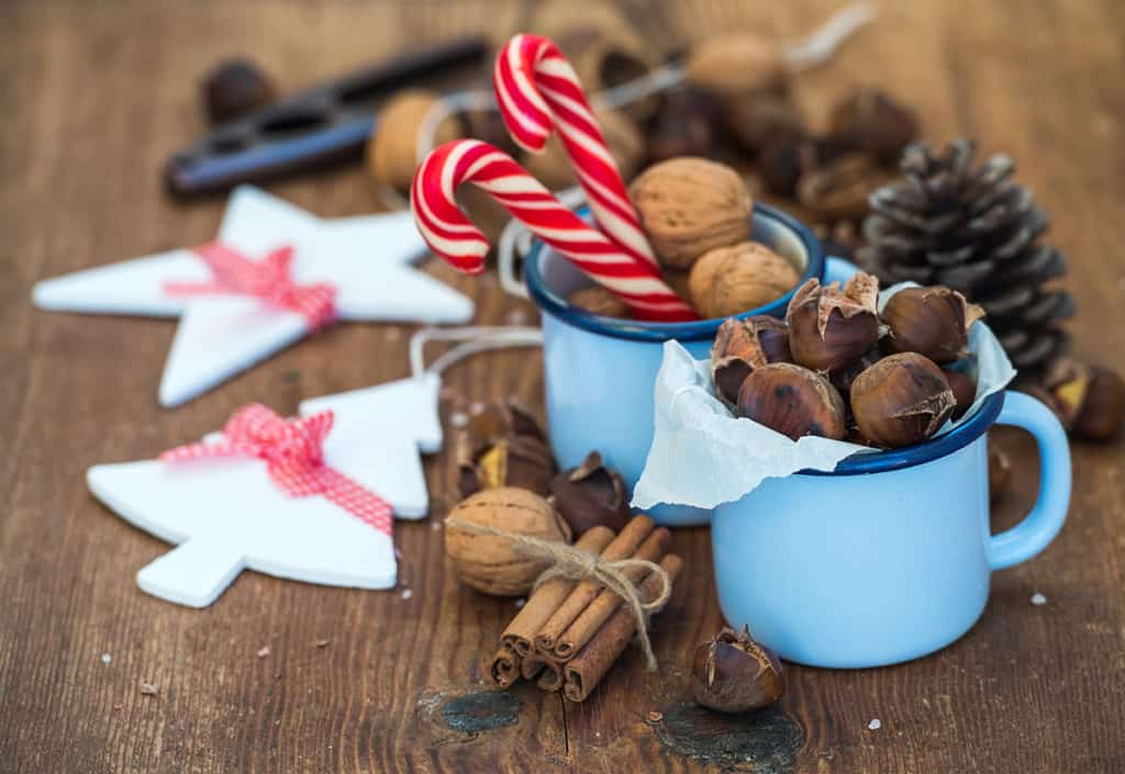 Traditional Christmas foods and decoration. Roasted chestnuts in blue enamel mug, walnuts, cinnamon sticks, candy canes, pine cone on rustic wooden background