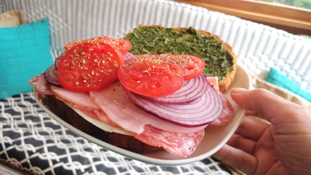 veggies on lunchmeat on white plate