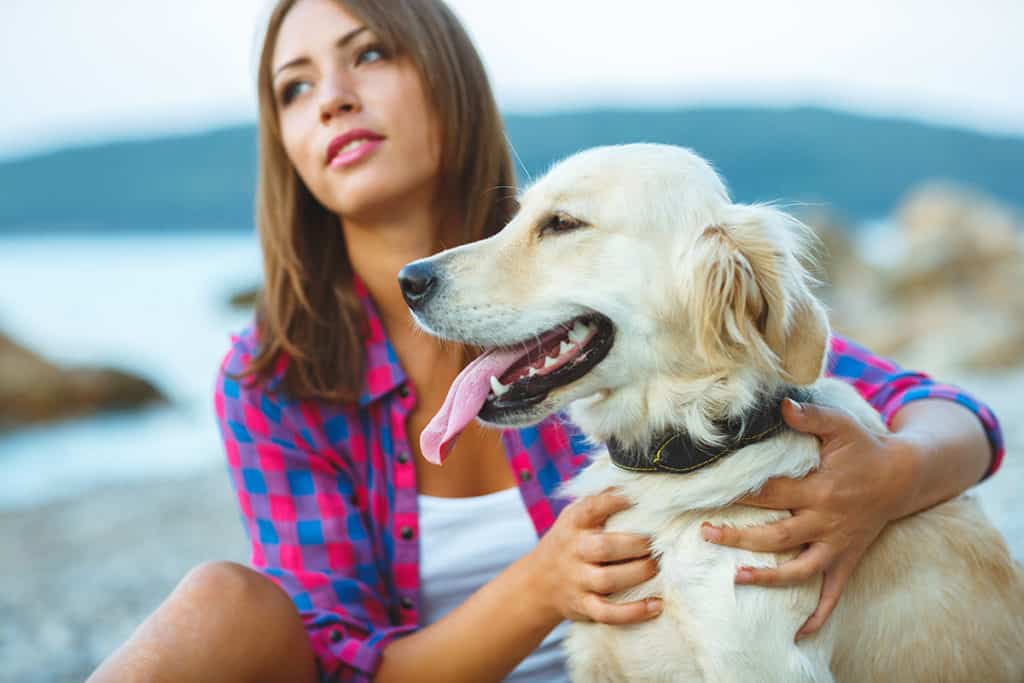 Woman with a dog on a walk on the beach