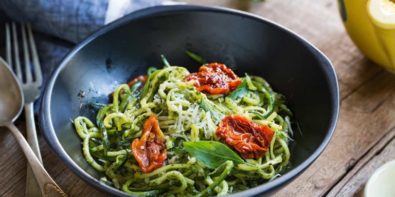 Zucchini Pasta in Pesto sauce with Sun dried Tomato